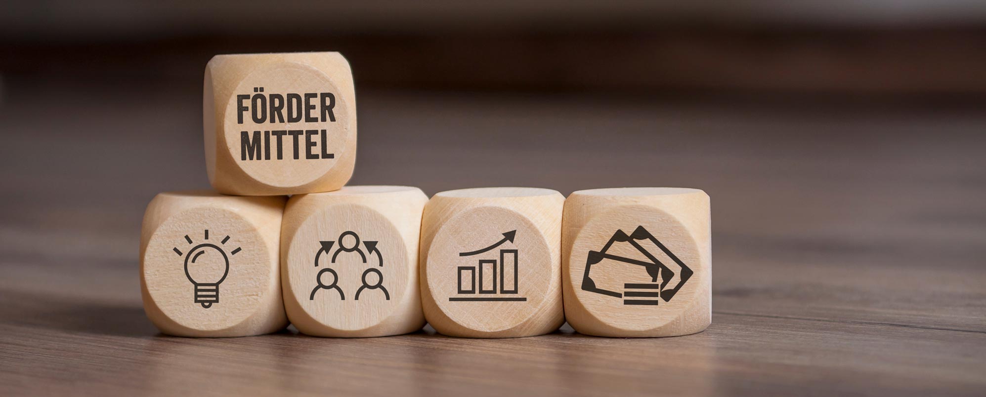 Wooden cubes with the inscriptions "Funding" and symbols for money, growth, and ideas